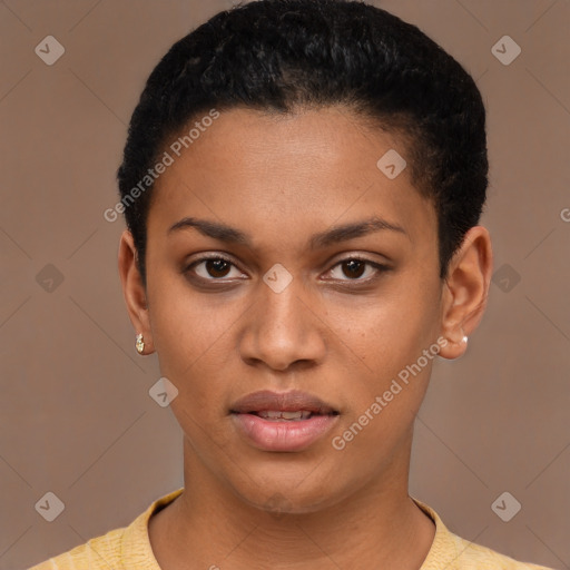 Joyful latino young-adult female with short  brown hair and brown eyes