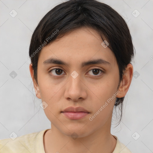 Neutral asian young-adult female with medium  brown hair and brown eyes