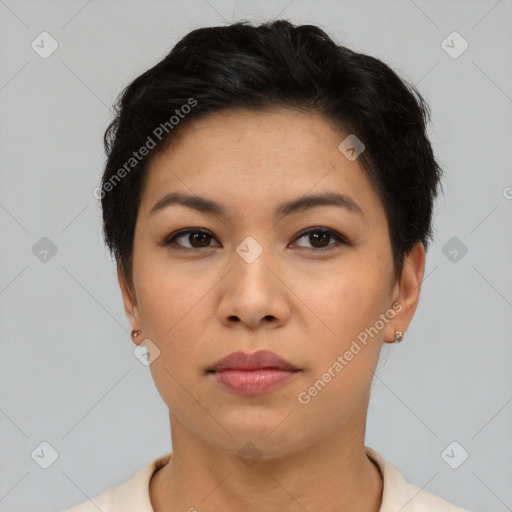 Neutral asian young-adult female with short  black hair and brown eyes