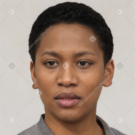 Neutral black young-adult female with short  black hair and brown eyes