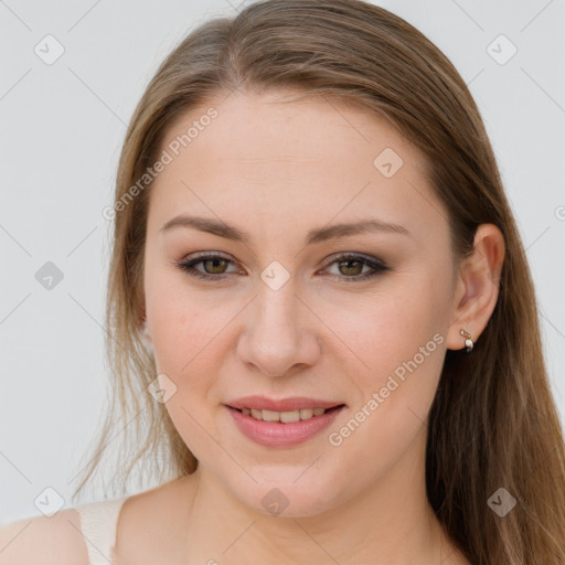 Joyful white young-adult female with long  brown hair and grey eyes