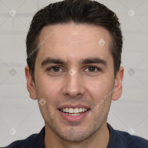 Joyful white young-adult male with short  brown hair and brown eyes