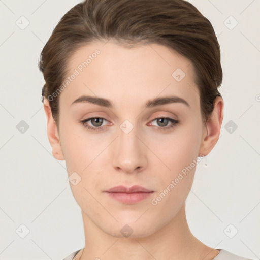 Neutral white young-adult female with short  brown hair and brown eyes