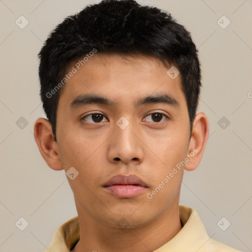 Neutral asian young-adult male with short  black hair and brown eyes