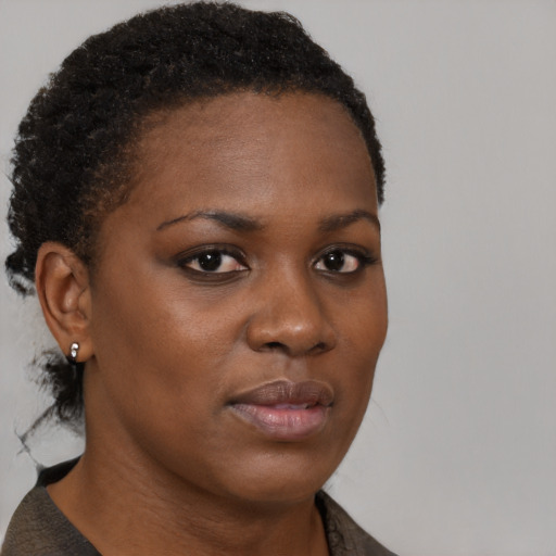 Neutral black young-adult female with short  brown hair and brown eyes