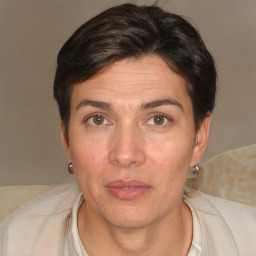 Neutral white adult female with short  brown hair and brown eyes