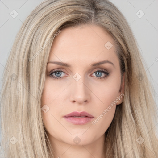 Neutral white young-adult female with long  brown hair and grey eyes