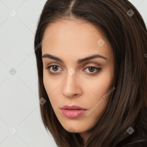 Neutral white young-adult female with long  brown hair and brown eyes