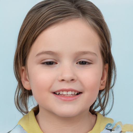 Joyful white child female with medium  brown hair and brown eyes