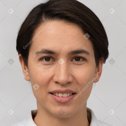 Joyful white young-adult female with short  brown hair and brown eyes