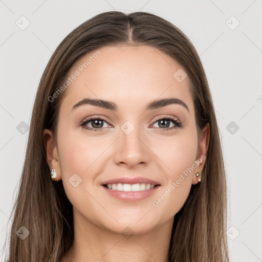 Joyful white young-adult female with long  brown hair and grey eyes