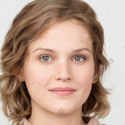 Joyful white young-adult female with medium  brown hair and green eyes