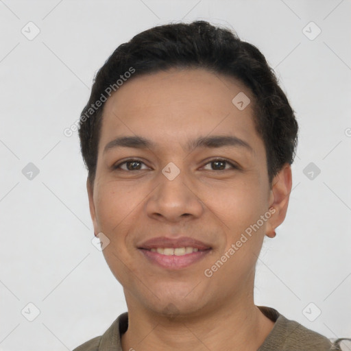 Joyful latino young-adult male with short  black hair and brown eyes
