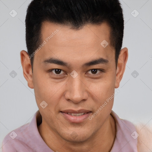 Joyful latino young-adult male with short  brown hair and brown eyes