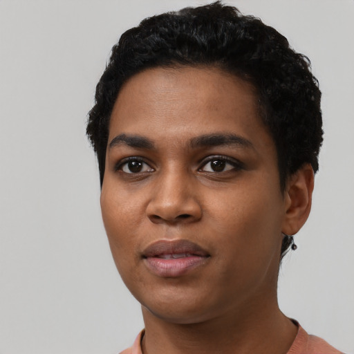 Neutral black young-adult female with short  black hair and brown eyes