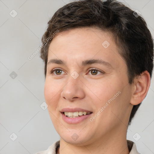 Joyful white young-adult female with short  brown hair and brown eyes