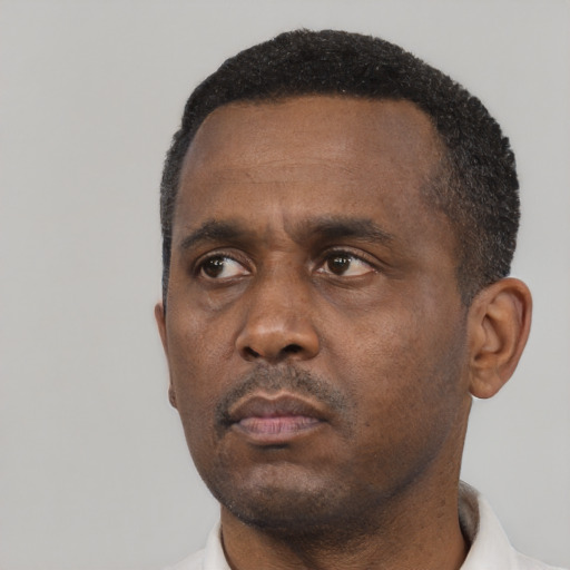 Neutral black adult male with short  black hair and brown eyes