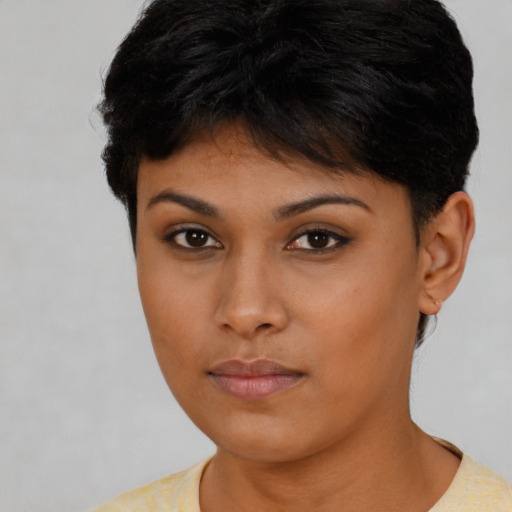 Neutral asian young-adult female with short  brown hair and brown eyes