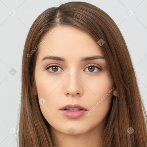 Neutral white young-adult female with long  brown hair and brown eyes