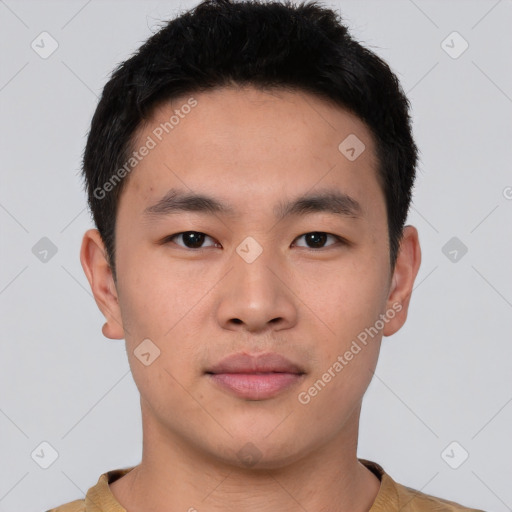 Neutral asian young-adult male with short  brown hair and brown eyes