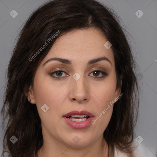 Joyful white young-adult female with medium  brown hair and brown eyes