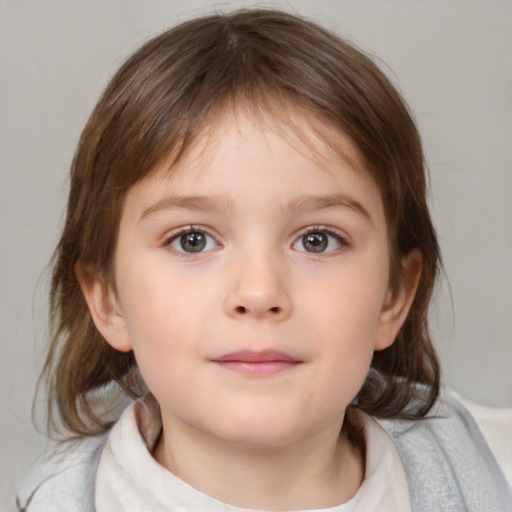 Neutral white child female with medium  brown hair and blue eyes