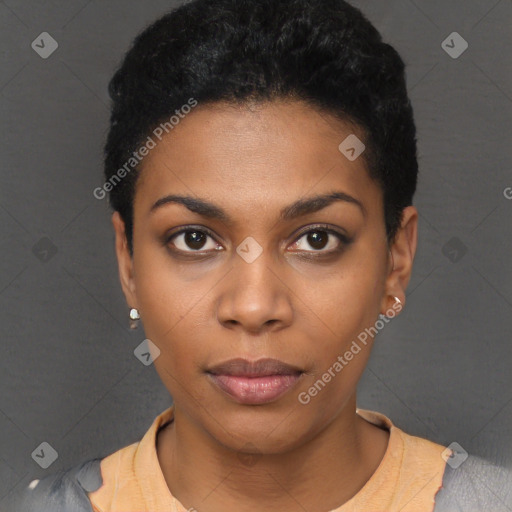 Neutral black young-adult female with short  black hair and brown eyes