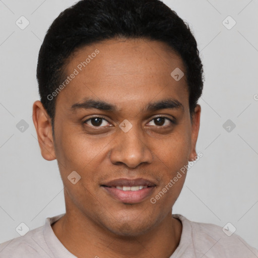 Joyful black young-adult male with short  black hair and brown eyes