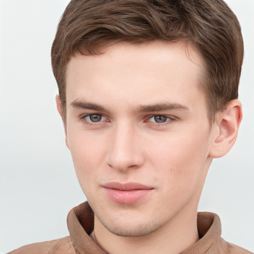 Neutral white young-adult male with short  brown hair and grey eyes