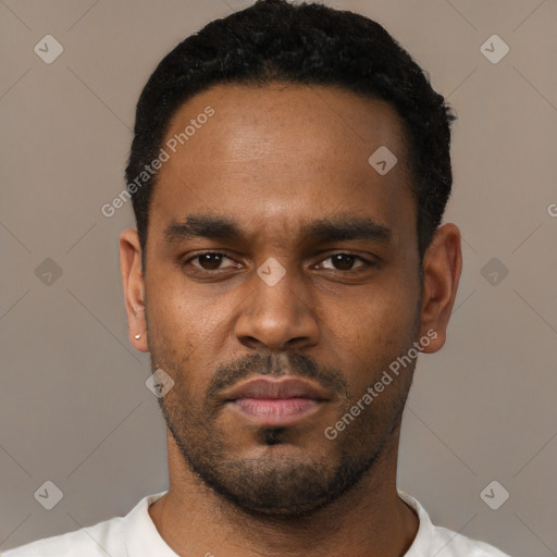 Neutral black young-adult male with short  black hair and brown eyes