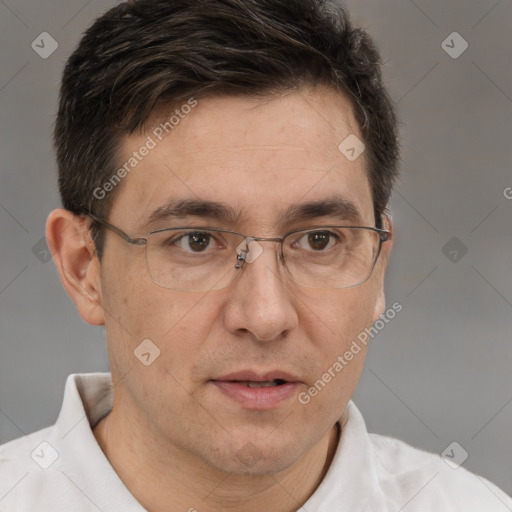 Joyful white adult male with short  brown hair and brown eyes