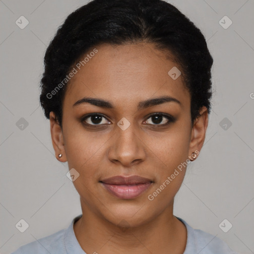 Joyful latino young-adult female with short  black hair and brown eyes