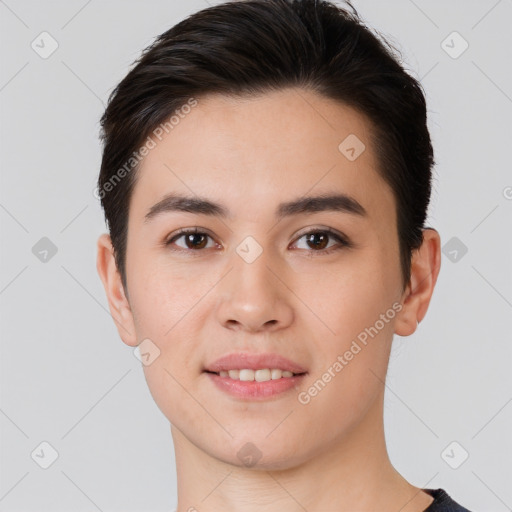 Joyful white young-adult female with short  brown hair and brown eyes