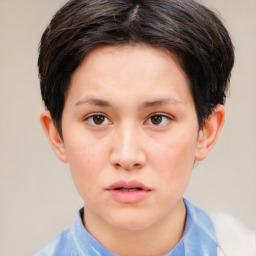 Neutral white young-adult female with short  brown hair and brown eyes
