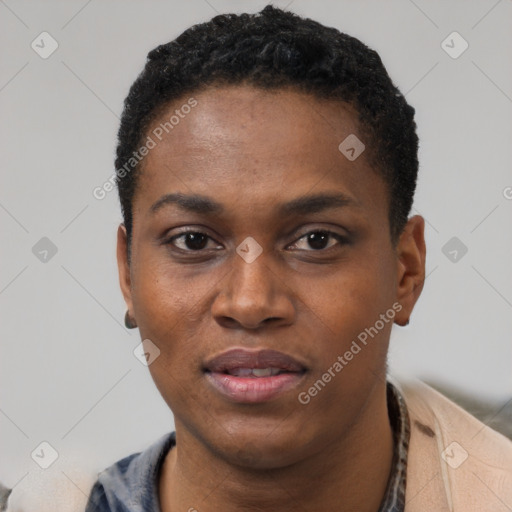 Joyful black young-adult male with short  black hair and brown eyes