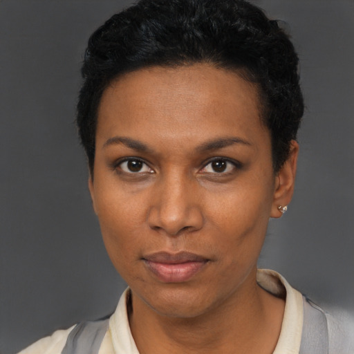Neutral black young-adult female with short  black hair and brown eyes
