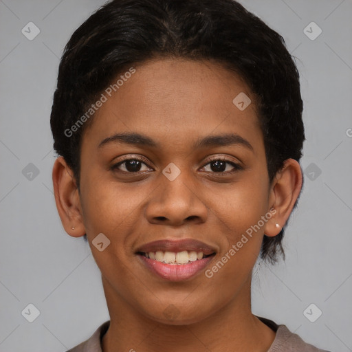 Joyful black young-adult female with short  brown hair and brown eyes