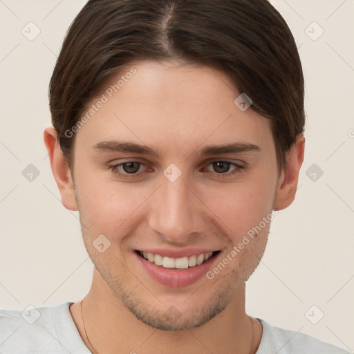 Joyful white young-adult female with short  brown hair and brown eyes