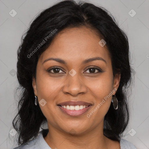 Joyful black young-adult female with medium  brown hair and brown eyes