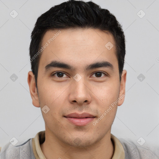 Neutral latino young-adult male with short  brown hair and brown eyes