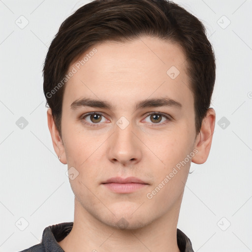 Neutral white young-adult male with short  brown hair and brown eyes