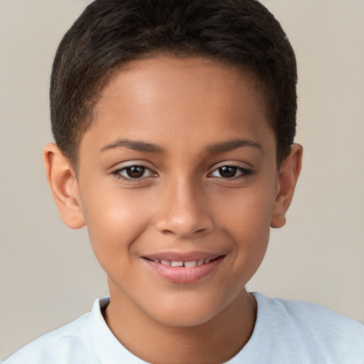 Joyful white child female with short  brown hair and brown eyes