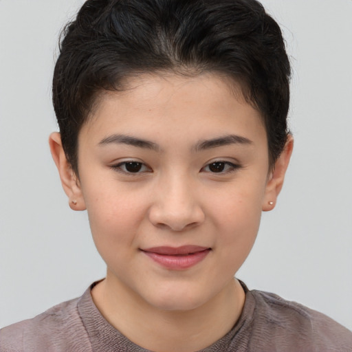 Joyful asian child female with short  brown hair and brown eyes