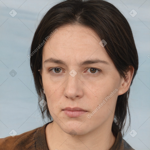 Neutral white adult female with medium  brown hair and brown eyes