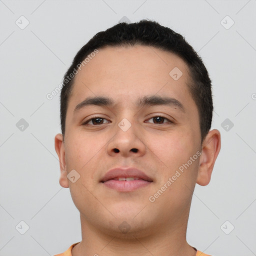 Neutral latino young-adult male with short  black hair and brown eyes