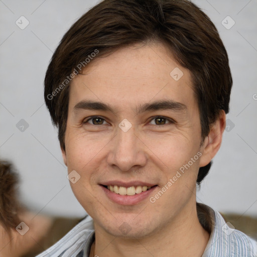 Joyful white young-adult male with short  brown hair and brown eyes