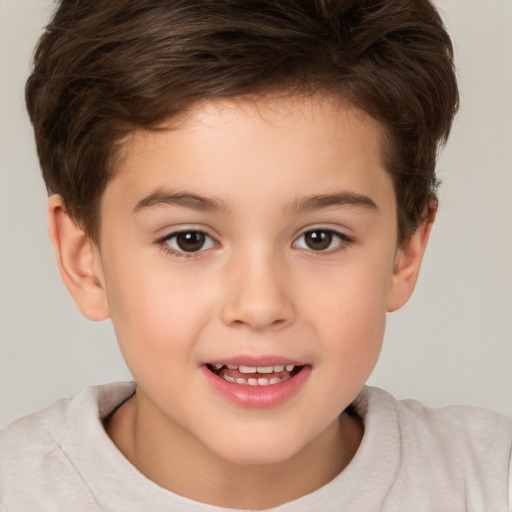 Joyful white child female with short  brown hair and brown eyes