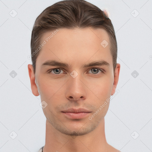 Neutral white young-adult male with short  brown hair and brown eyes