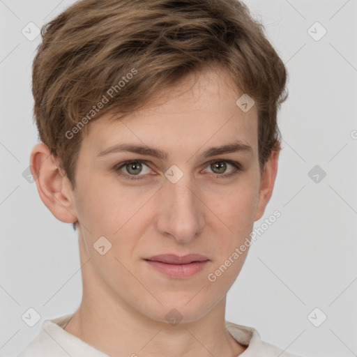 Joyful white young-adult female with short  brown hair and grey eyes