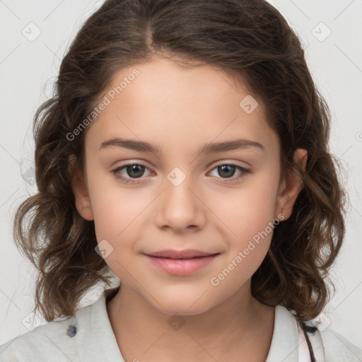 Joyful white child female with medium  brown hair and brown eyes